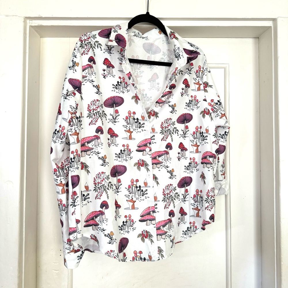 Mushroom Fox Print Blouse Long Sleeve Size XXL